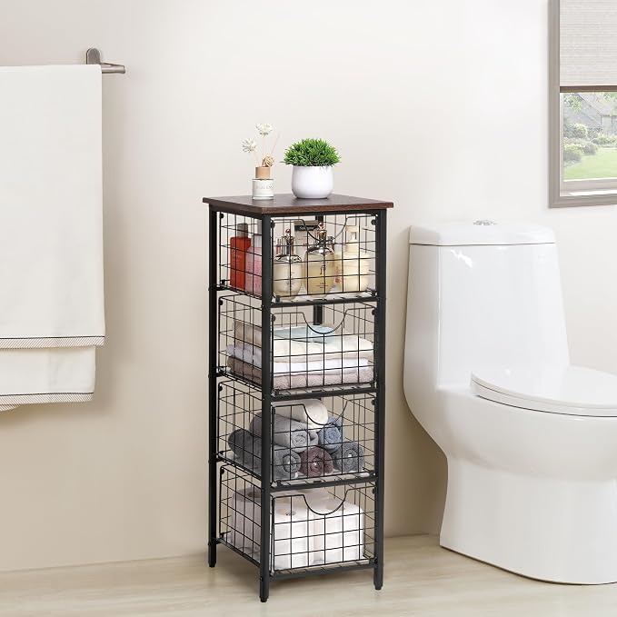 DINGTAI 5-Tier FreeStanding Storage Shelves with 4 Pull-Out Baskets,Bathroom Organizer Shelves Unit with WoodTop,Fruit Basket for Kitchen,Storage Tower Organizer Basket Cart for Bathroom，Black