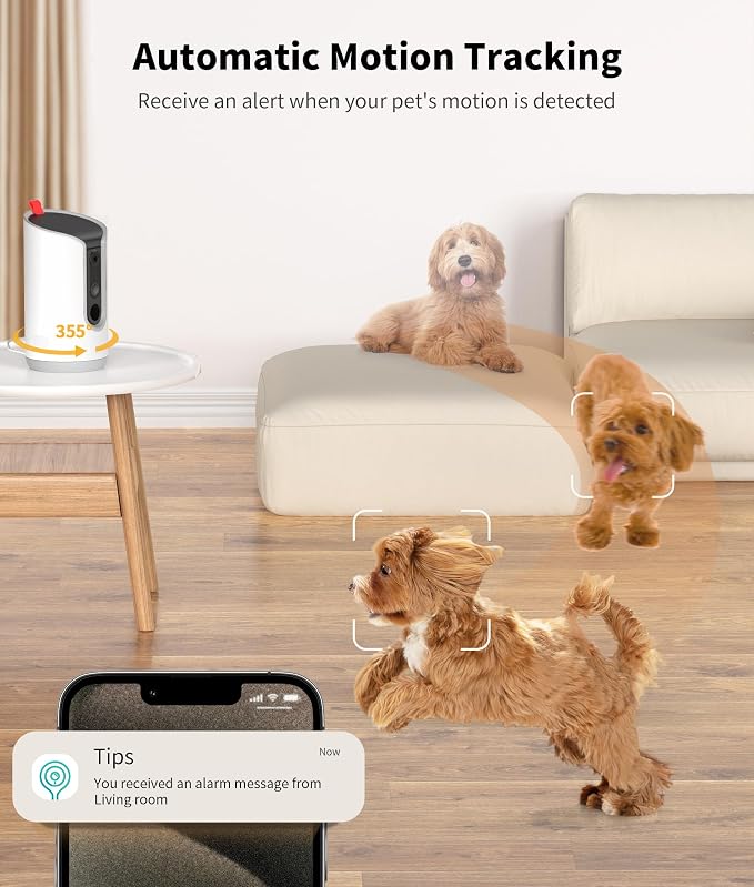 TKENPRO 2K Pet Camera Treat Dispenser, 360°View Dog Camera with Phone App, 5G&2.4G WiFi 2-Way Talk Pet Cam Indoor for Cats Remote Treat Tossing, Motion Alerts, Auto Tracking