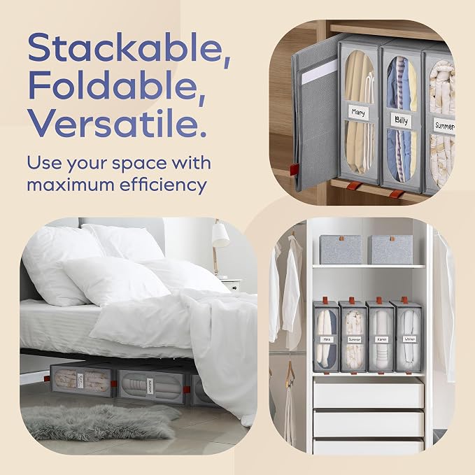 8x Bed Sheet Organizer Storage Boxes with Big See-Through Windows | Bedsheet Organizers Redesigned. Robust Bed Sheet Storage | 15x13x5 Inches Sheet Organizers Containers (Gray)