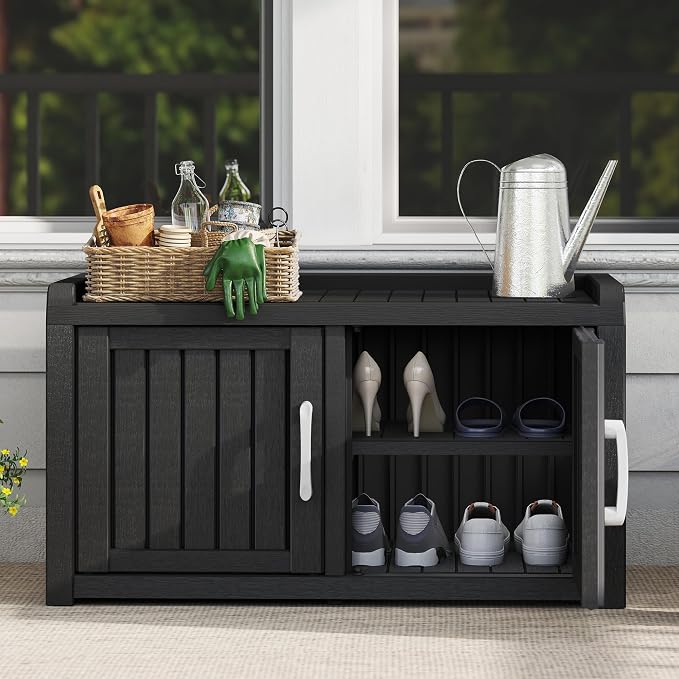 NUNU LAB Shoe Cabinet, Waterproof UV-Resistant Shoe Storage Cabinet with Adjustable Shelves, Entryway Shoe Organizer Bench with 2 Barn Doors for Foyer, Hallway, Living Room, Black