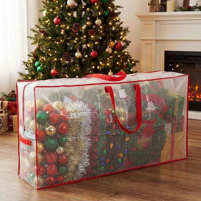 2 Pack Extra Large Moving Bags, 126 Gal Heavy Duty Storage, Red | Clear Waterproof Storage Bags with Reinforced Handles Zipper, For Clothes Bedding Seasonal Decorations Holiday Organizer