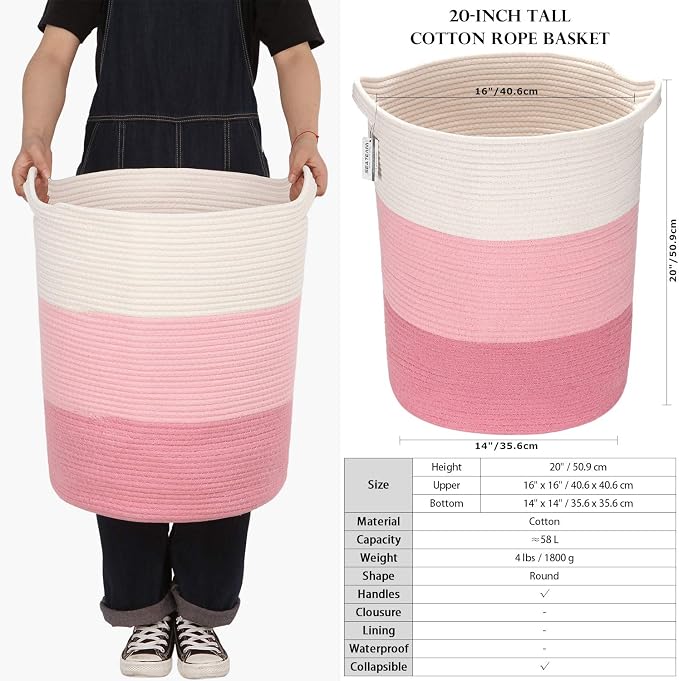 Sea Team Large Woven Cotton Rope Laundry Basket with Handles, 20 x 14 in | Collapsible Knitted Hamper, Closet Shelf Organizers, Containers for Clothing, Blankets, Toys, Bedding, Pink