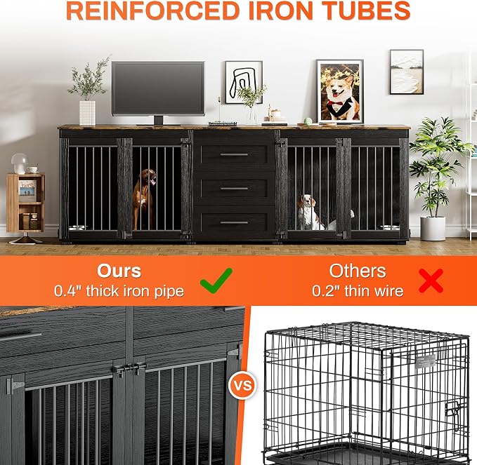 Rophefx 94.5" Dog Crate Furniture for 2 Dogs, Wooden Kennel TV Stand,Black | Indoor double dog house with 3 storage drawers, 4 feeding bowls, lockable doors, and a wide top for large and medium dogs