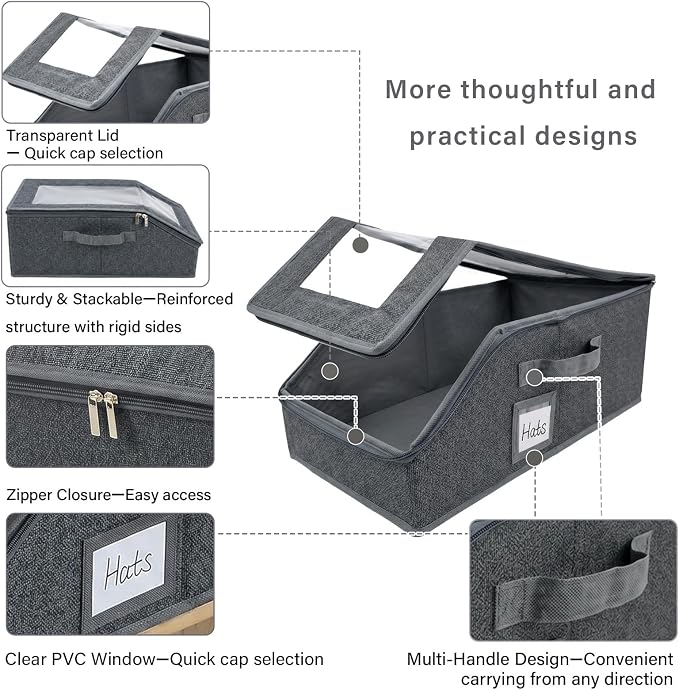 Furlide Hat Organizer for Baseball Caps, 2 Pack Stackable Storage Boxes | Protects 24-30 Caps From Dust and Pet Hair; Stackable Base, Clear Window, Front Opening and Handles Simplify Closet Storage.