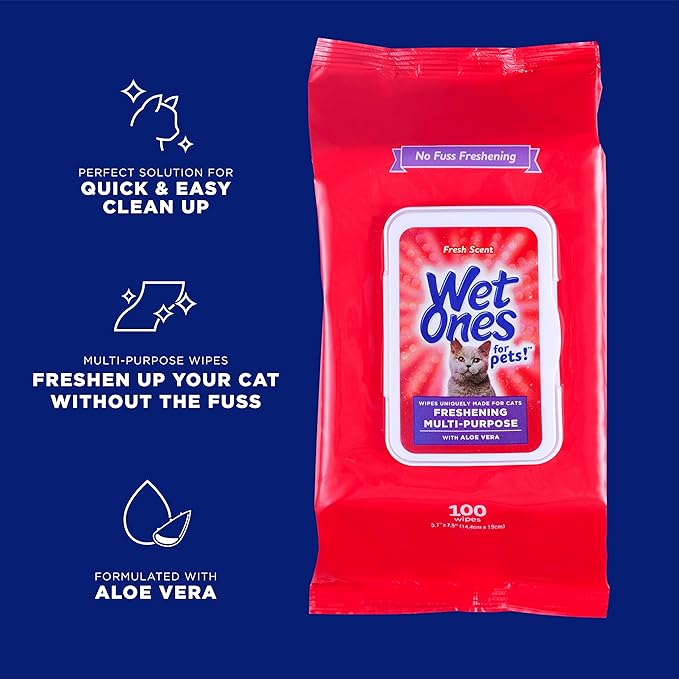 Wet Ones for Pets Freshening Multipurpose Cat Wipes with Aloe Vera, Fresh Scent - Easy to Use Cat Freshening and Grooming Wipes with Wet Lock Seal, 100 Count - 12 Pack