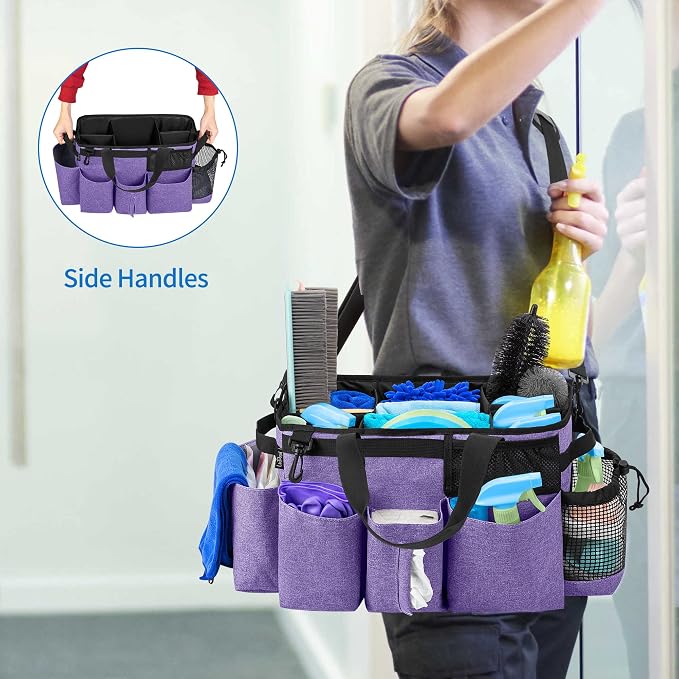 LoDrid Wearable Cleaning Caddy Bag with 4 Foldable Dividers, Purple | Cleaning Supply Organizer with Shoulder Strap and Side Handles for Cleaners & Housekeepers