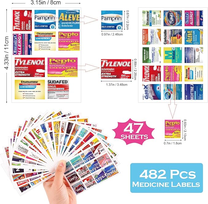 482Pcs Medicine Stickers for Pill Organizers, Pre-Cut Quality Travel Daily Medication Organizer Stickers of Brands, 47 Sheets Pill Box Lables Stickers