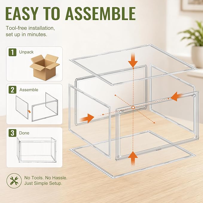 Heavy Duty Acrylic Shoe Box, Size 14, Stackable Everyday Footwear Storage | Wide Magnetic Door, Fits Size 14 Sneakers, Casual Shoes, Athletic Footwear. Clear Acrylic Design & Dustproof Storage