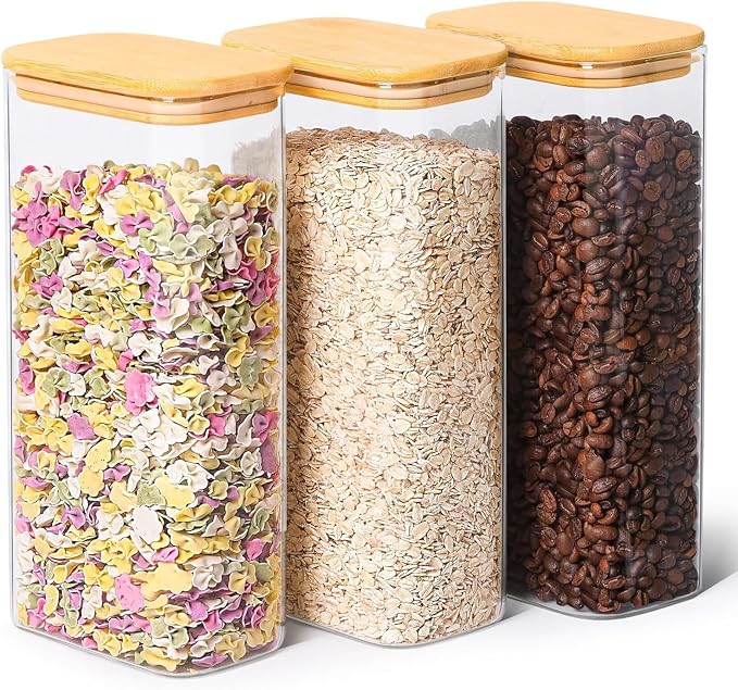 ComSaf Glass Storage Containers with Lids 2 Qt, Set of 3 Cereal Containers | Pantry Storage Container, Rectangle Jar, Glass Cereal Dispenser, Kitchen Canisters, Dry Food, Flour, Sugar, Coffee, BPA Free
