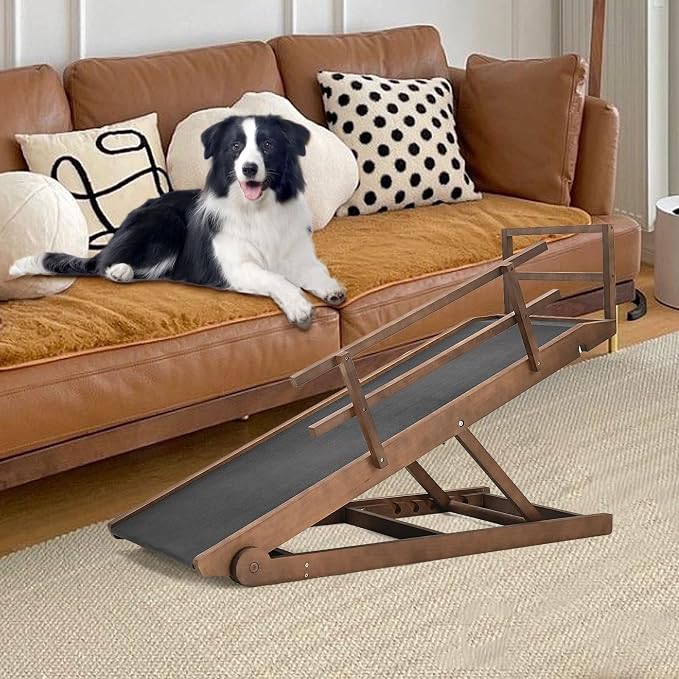 Dog Ramp for Bed & Couch, Foldable Wooden Pet Ramp, 5 Adjustable Heights | Height up to 23.5", Portable Dog Ramp with Non-Slip Rubber Surface & Safety Railings, Pet Ramp for Small, Large, Senior Dogs