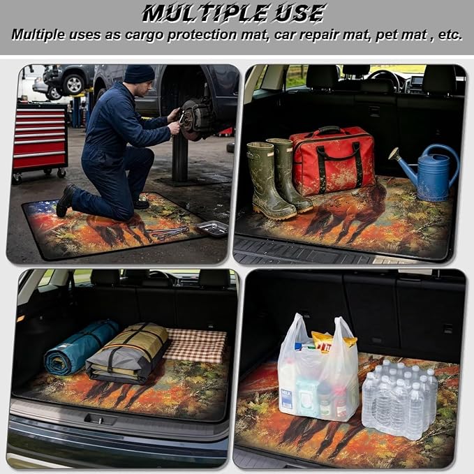All Weather Cargo Liner American Flag Horse Car Trunk Mats USA Patriotic Cargo Mats for Most Cars Non Slip Rear Trunk Mat Floor Mat Covers Universal Size 29" x 39"