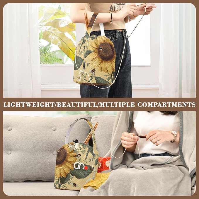 Tatenale Crochet Bag Yarn Bag Knitting Project Bag with Pockets and Handle Portable Yarn Storage Organizer Tangle Free 8.3x11 InchYellow Sunflowers and Daisies09