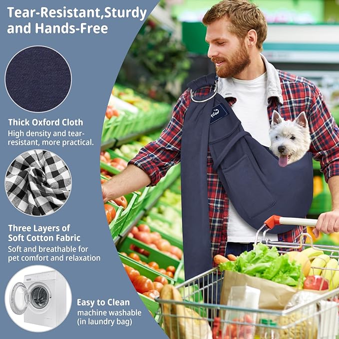 Dog and Cat Sling Carrier - Hands Free Reversible Pet Sling Bag - Ring Sling Adjustable - Suitable for Puppy, Small Dogs Cats Outdoor(Dark Blue)