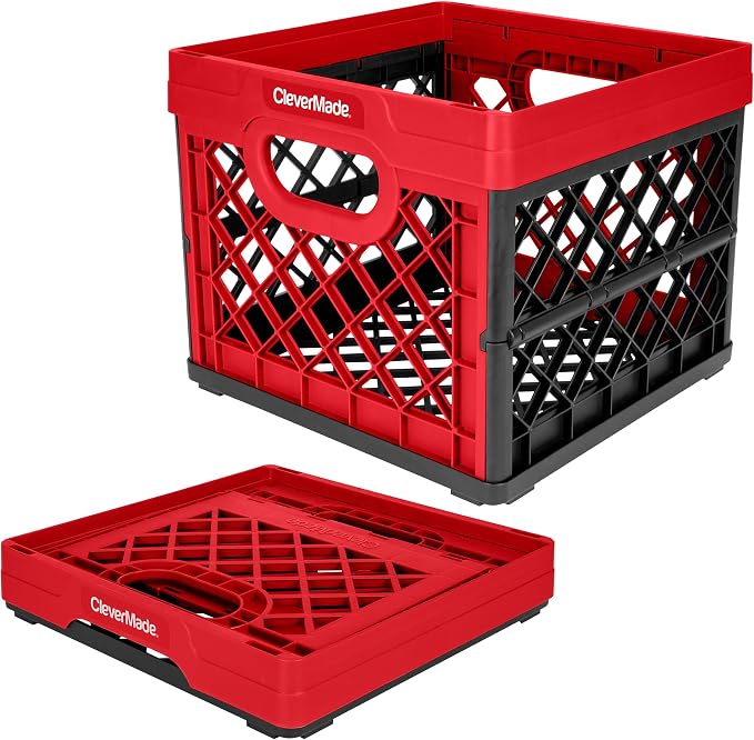 CleverMade Collapsible Milk Crate, Red, 1PK - 25L (6 Gal) Stackable Storage Bins, Holds 50lbs Per Bin - Clevercrates are Heavy Duty, Plastic Collapsible Storage Crate for Multi Purposes | Organize Files, Groceries, and Gear in One Crate | Built-In Rail...