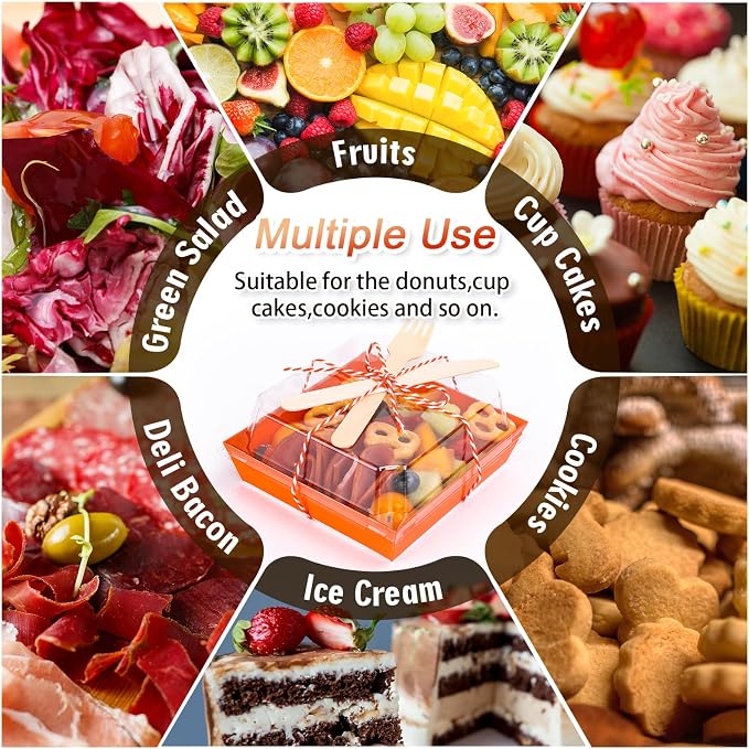 Whaline 50 Set 4.7 x 4.3 Inch Orange Small Charcuterie Boxes with Clear Lids Forks Knives Clear Mini Dessert Box Disposable Food Container for Wedding Birthday Sandwich Cookie Sushi Cake