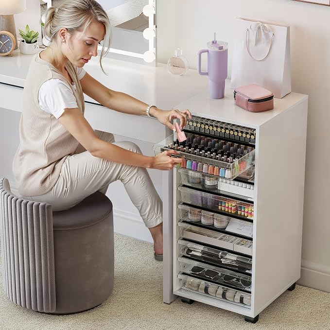 Storage Drawer Cart, Mobile Storage Cabinet, Makeup Storage with 10 Large Clear Drawers, Utility Wooden Rolling Cart on Wheels, for Cosmetic, Art Craft, Office Supplies, Toy, White
