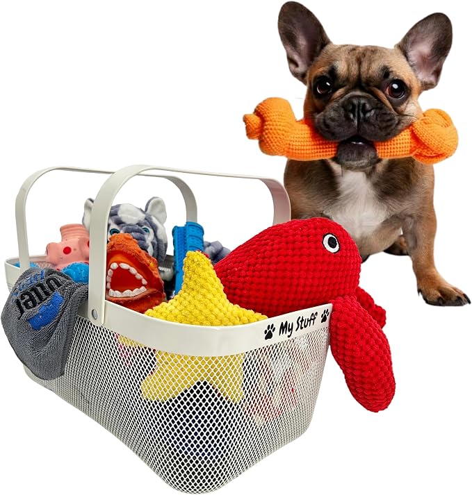 OtterPets Dog Toy Basket, Metal Dog Toy Bin, Chew Proof, White 16x9.5”