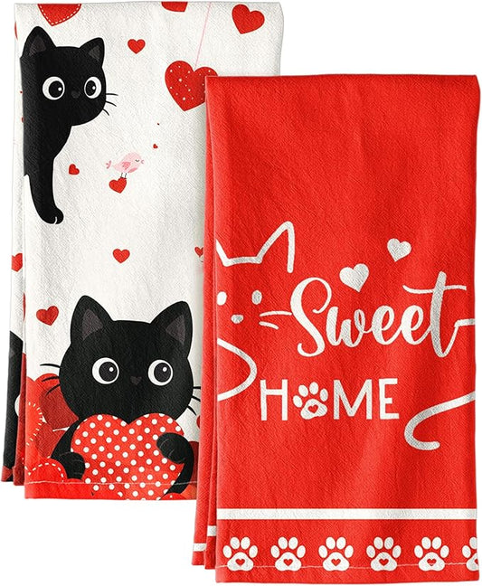 Miss Adola Valentine Day Kitchen Towels Set of 2 - Flour Sack Tea Towels with Hanging Loop 18x26 Inch Sweet Home Hand Dish Cloths Red Hearts Cats Absorbent Reusable Dishcloths Cute Valentine Decor