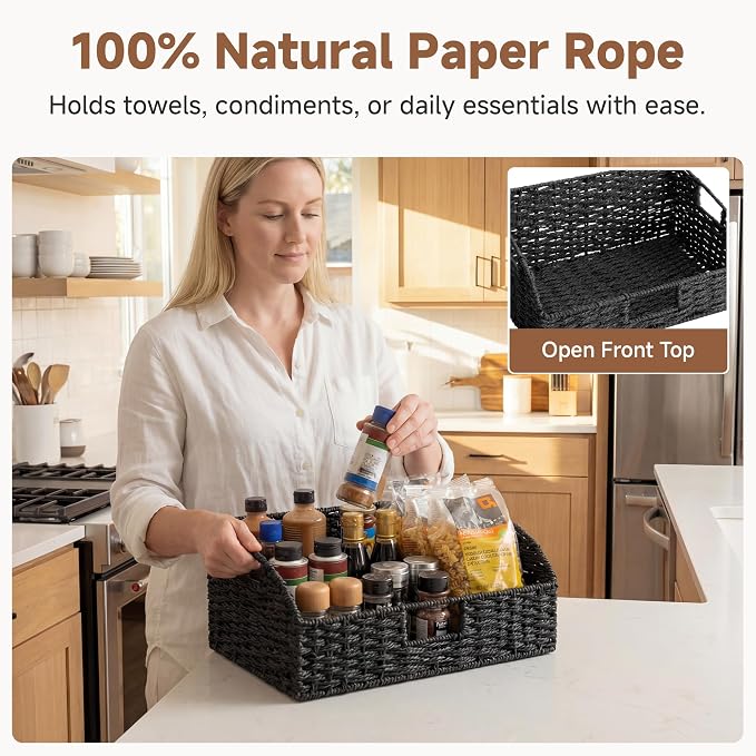 StorageWorks Pantry Baskets, Black Wicker Baskets with Handles, 2-Pack | Paper Rope Black Baskets for Organizing, Black Woven Baskets, Pantry Baskets for Shelves, Wicker Storage Baskets for Shelves