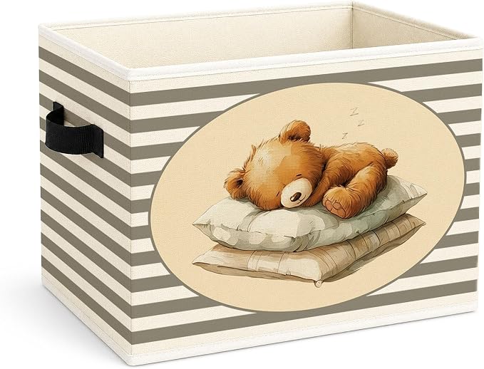 Sleeping Teddy Bear Gray Stripe Foldable Fabric Storage Bin | Sleeping teddy bear gray stripe design; foldable fabric storage bin for kids room, nursery, playroom, toys, books.