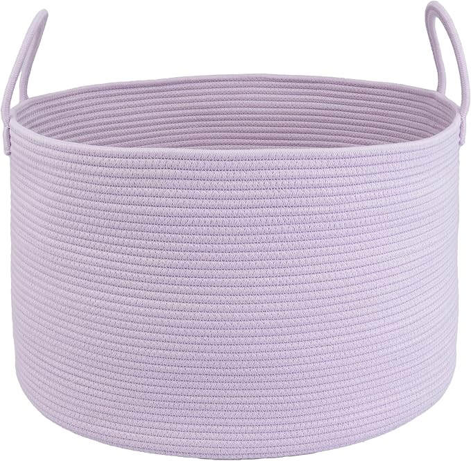 XUANGUO 66L Large Blanket Basket, Round Cotton Rope Basket, Purple | 20" x 13" Laundry Basket with Sturdy Handles for Blankets, Pillows and Toys; Storage for Living Room, Bedroom and Nursery