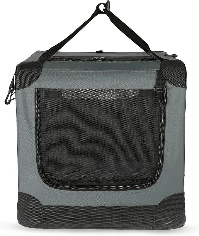 Amazon Basics 4-Door Portable Folding Soft Dog Crate, Collapsible Travel Kennel for Cat, Dog, and Other Small Animals, Pop Up with Easy Transportation, Grey, M 30" x 21" x 21"