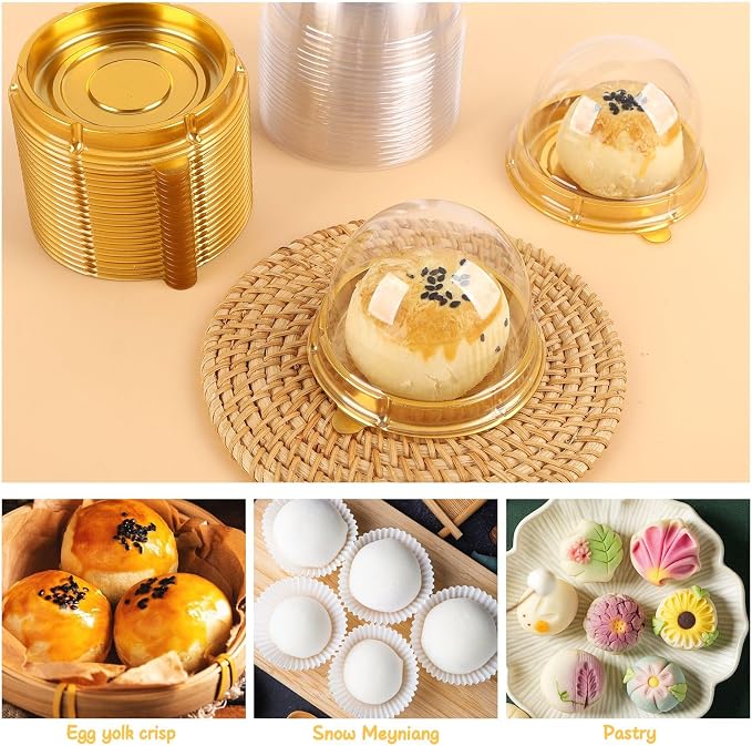 Hewnda 50 Pack 2 Inch Clear Plastic Mini Cake Box, Gold | Muffins Box, Cookies Box, Dome Box, Wedding Birthday Gift Box