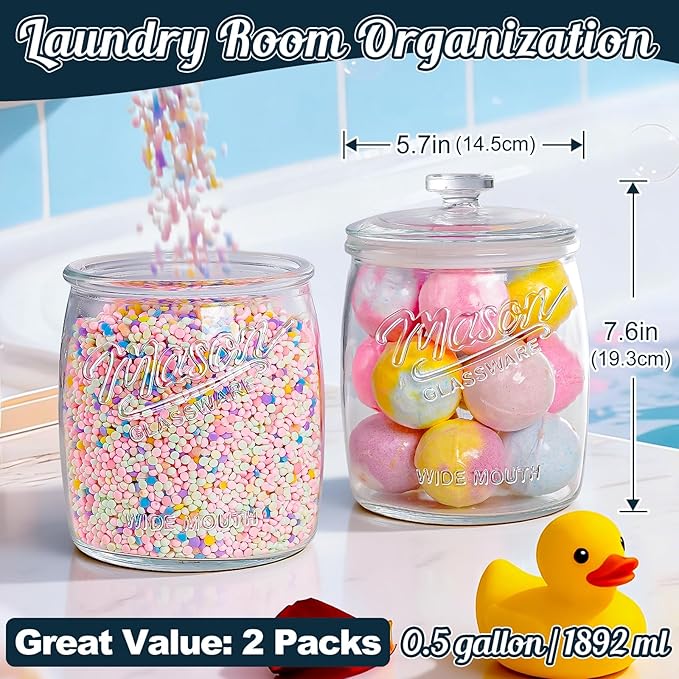 Cookie Jar with Airtight Lids, Half Gallon Wide Mouth Mason Jar | 2 Pack 64 Oz Glass Jar for Cookies, Candy, Flour, Dog Treats, Coffee, Laundry Room Storage & Pantry, Sourdough Starter Jar