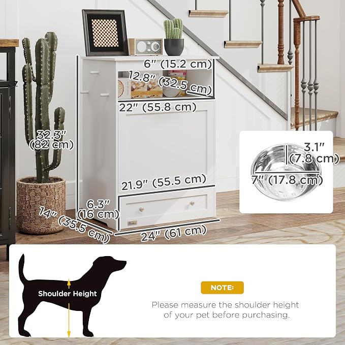 PawHut Dog Feeding Station with Raised Bowls, Pet Feeder Station, White | Dog Food Storage Cabinet, Hanger for Feeding & Watering Supplies