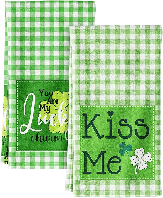 Miss Adola St. Patrick's Day Kitchen Towels Set of 2 - Flour Sack Tea Towels with Hanging Loop 18x26 Inch Green Lucky Charm Hand Dish Cloths Reusable Dishcloths Celebrate Patricks Day Decor