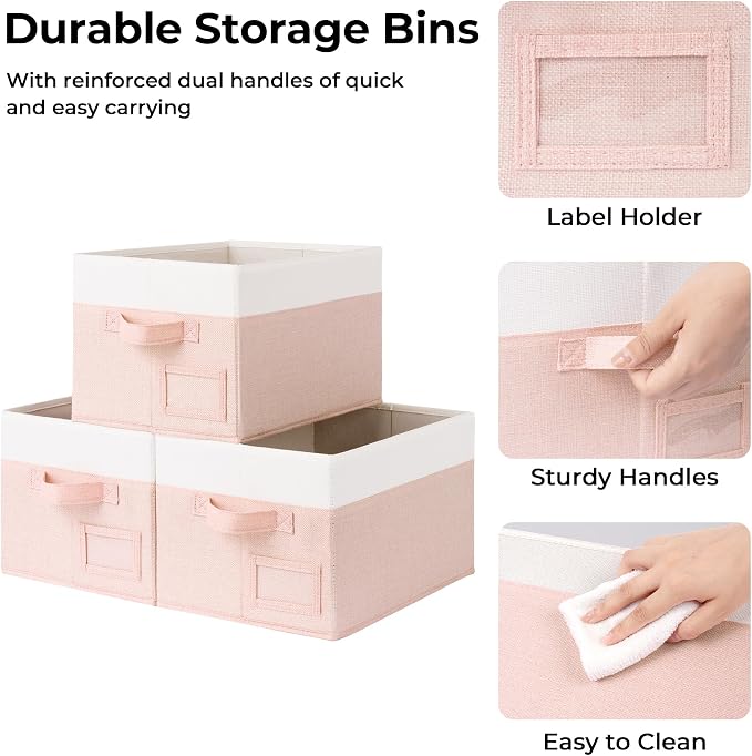 GRANNY SAYS Closet Storage Bins with Label, Pink&Ivory, Medium, 3-Pack | Fabric Storage Bins for Shelves, Closet Storage Boxs, Clothing Storage and Organization, Decorative Storage Bins