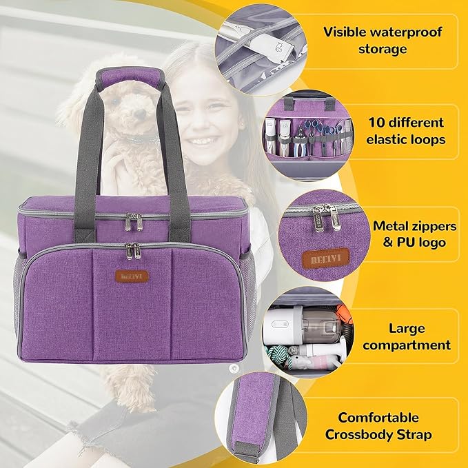 Dog Cat Grooming Bag for Vacuum,Scissors,Dog Grooming Kit Supplies | Portable Pet Grooming Supplies Organizer Tote Bag for Dogs Cats Grooming Kit Trimmer Tool Accessories Purple(Bag Only)