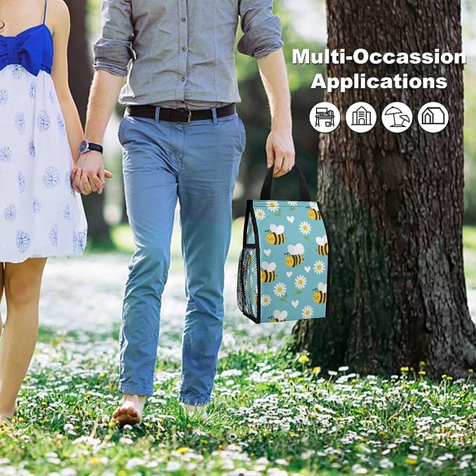 Reusable Thermal Lunch Tote Bag Compatible with Yellow Bee Cute Flower Daisy Sky Blue Lunch Box, Portable Insulated Picnic Cooler Bags Food Container Organizer