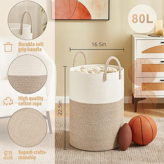 Artfeel Laundry Basket,Woven Cotton Rope Laundry Hamper,80L for Decorative Storage of Dirty Clothes,Toys and Blankets in Bathroom,Baby Room and Living Room