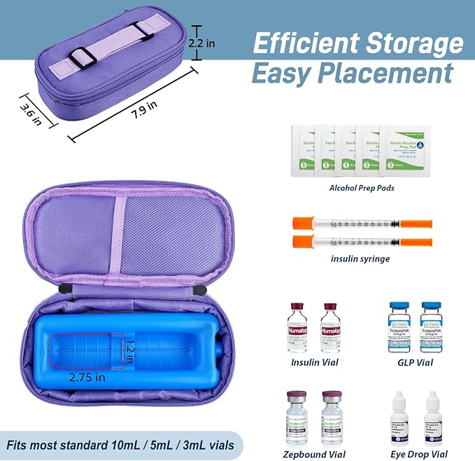 Cruxer Insulin Vial Cooler Travel Case (Purple),Keep Medication Vial Cool — Portable Insulated Diabetic Medicine Travel Bag,TSA Approved,Small Bottle Storage Kit with Reusable Ice Brick Cooler