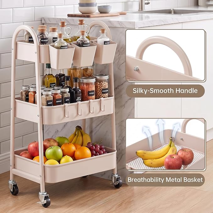 danpinera 3-Tier Rolling Cart, Utility Cart Mobile Metal Rolling Storage Cart with Lockable Wheels & Hanging Cups & Hooks for Kitchen, Bathroom, Office, Workshop, Beige