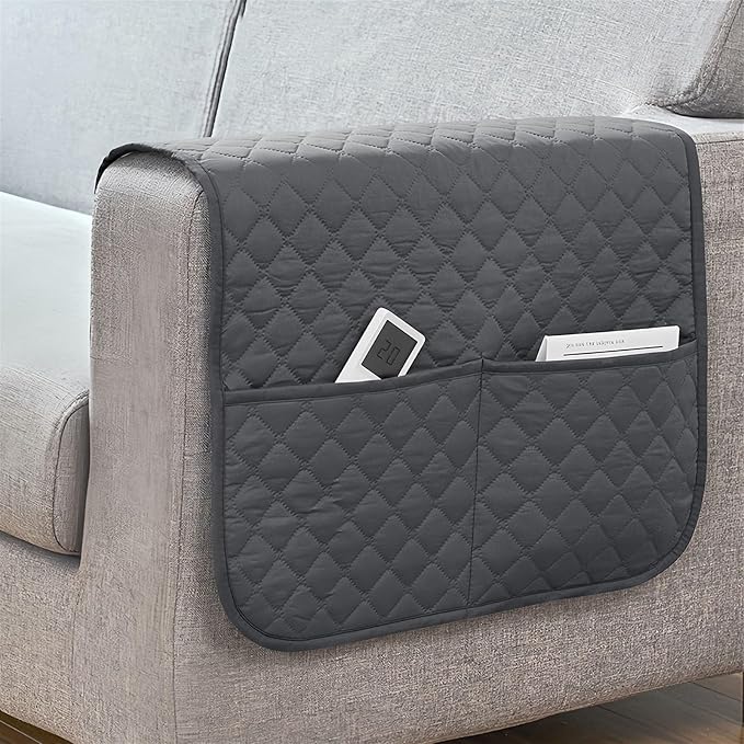 Anti-Slip Arm Rest Covers for Sofa Organizer Polyester Pongee Waterproof Couch Arm Covers with Side Pocket Arm Chair Covers, Arm Chair Bedside Storage(Dark Gray)