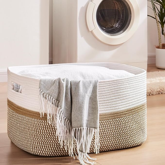 OIAHOMY Blanket Basket Laundry Basket Dog Toy Basket 75L Yellow/White | Large Storage Basket,Baby Basket,Toy Storage,Woven Rope Basket for Blankets,Blanket Storage for Living Room