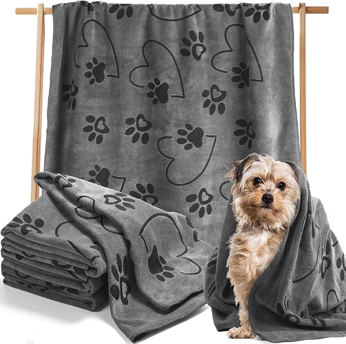 Fanfanwin 4 Pcs Dog Bath Towels Microfiber Drying Dog Towel Absorbent Pet Heart Paw Towels for Medium Dogs Puppy Cats Pets Shower(Gray)