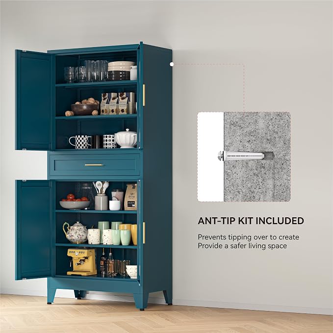 YAUWOH 71''Tall Kitchen Pantry Cabinet with Drawer,6-Tiers Metal Pantry Storage Cabinet with 4 Adjustable Shelves and 4 Barn Doors, Freestanding Farmhouse Food Cupboard for Dining Room (1PC,Blue)