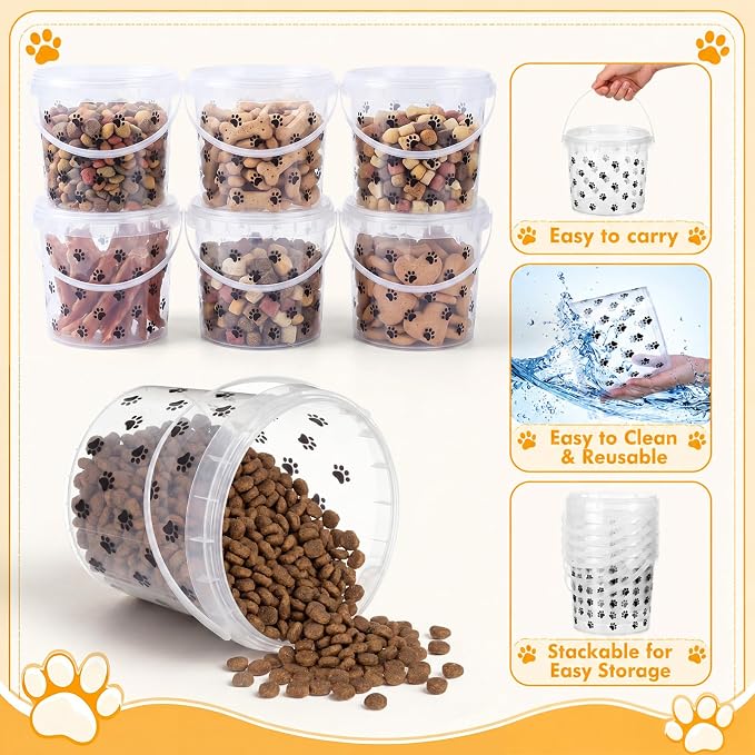 6 Pack 64 oz Clear Dog Snack Container with Handle Plastic | Paw themed Print, Round, Anti Drop, Stackable Storage Buckets with Lid, Pet Food Bins for Dog Kibble, Cat Snacks, Pantry