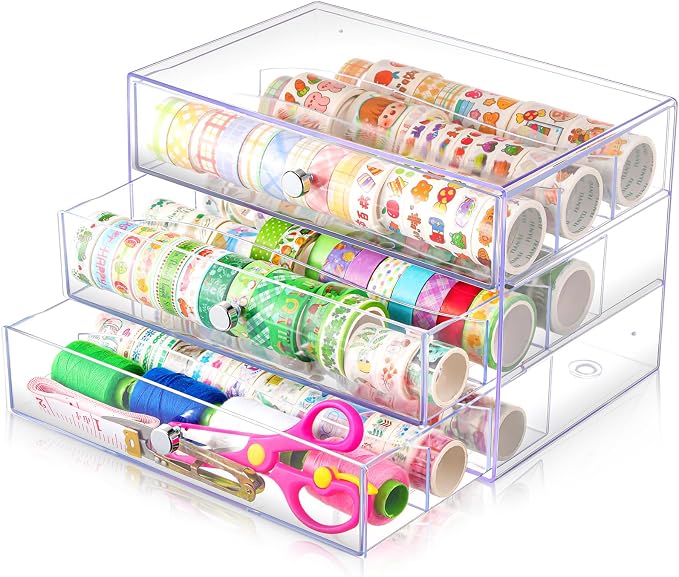 Wonderjune 1 Pack 3 Drawer Clear Washi Tape Organizer Acrylic Storage Box | 10 x 7 x 6.8 in, Divided Drawers, Clear Plastic Cube, Visible Storage for Craft Tape, Jewelry, Makeup Supplies