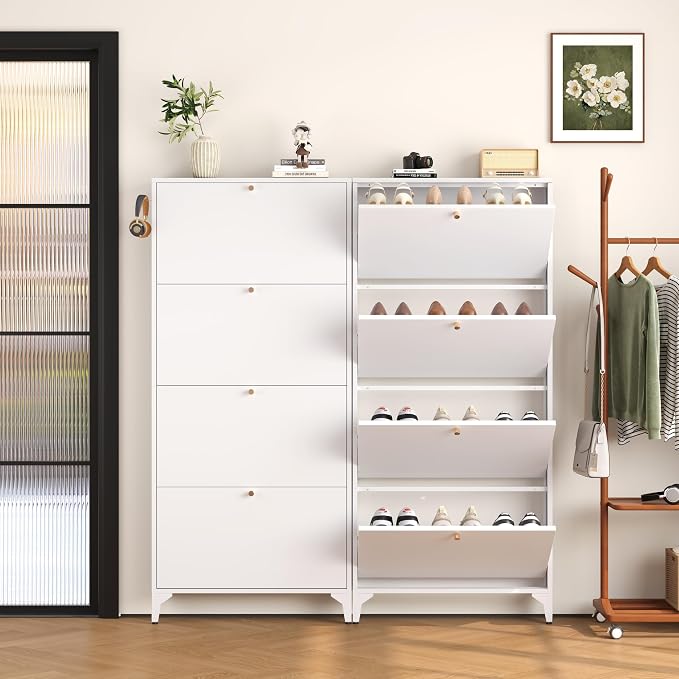 Shoe Cabinet with 4 Flip Drawers, Narrow Shoe Storage Cabinet, Farmhouse Shoe Organizer, Freestanding Organizer with Metal Legs for Entryway, Foyer (White, 4 Door)