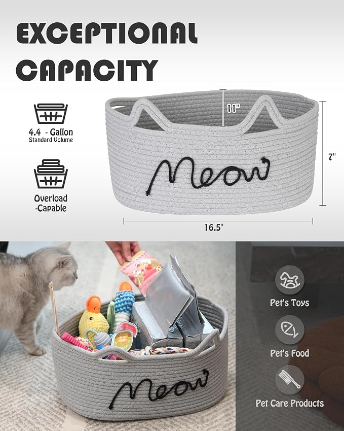 Sea Team Cat Toy Storage Basket with Handles and Ears, Gray Meow | Large Cotton Rope Storage Bin, Shelf Basket, Organizer for Pet Chew Toys, Foods, 16.5 x 11 x 7 Inches, 4.4 Gallons