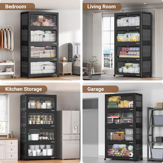 BROVIEW 600QT Extra Large Stackable Storage Bins with Lids, 3Pack Black | 150Gal Plastic Collapsible Cabinets Containers, Wheels & PET Doors, Foldable Closet Organizers Drawers for Office, Dorm