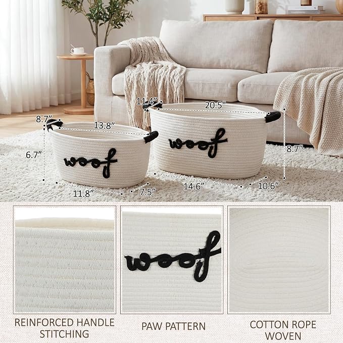 Dog Toy Storage Basket with Handles, 11.8 x 7.5 x 6.7 Inch Cotton Rope Dog Toy Storage Bin Woven Pet Organizer Shelf Basket for Pet Chew Toys, Foods
