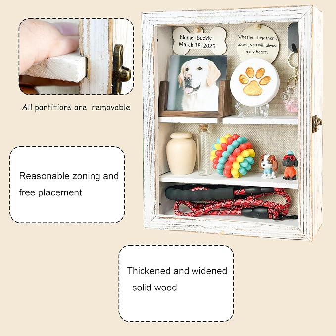 Solid Wood 11x14 Pet Memorial Shadow Box Frame with Adjustable Shelves Paw Print Kit Pet Urn Ashes Display Case White Dog Memorial Gifts for Loss of Dog