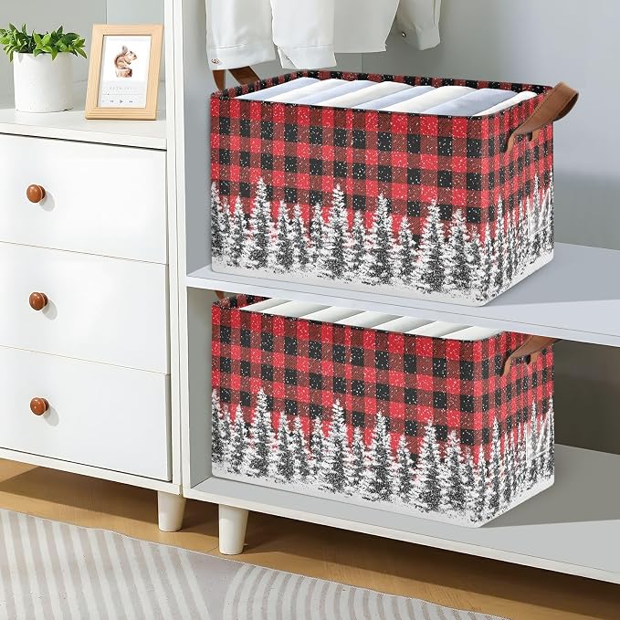 Xmas Tree Red and Black Buffalo Plaid Storage Basket Foldable Cube Storage Bins with Handles&Label Waterproof Organizer Box Bin Large Rectangle Decorative Baskets for Shelves Home Room Laundry-2 Pack
