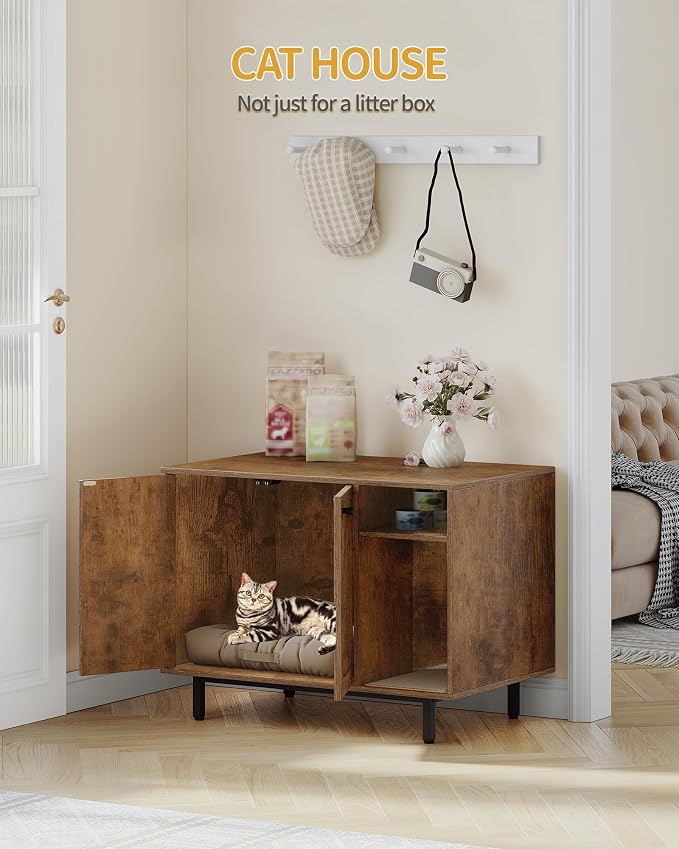 Hzuaneri Cat Litter Box Enclosure, Hidden Litter Box Furniture with Storage | Large Wooden Cabinet with Sisal Mat, Modern Cat Washroom for Living Room, Bedroom, Entryway, Rustic Brown and Black CB01501B