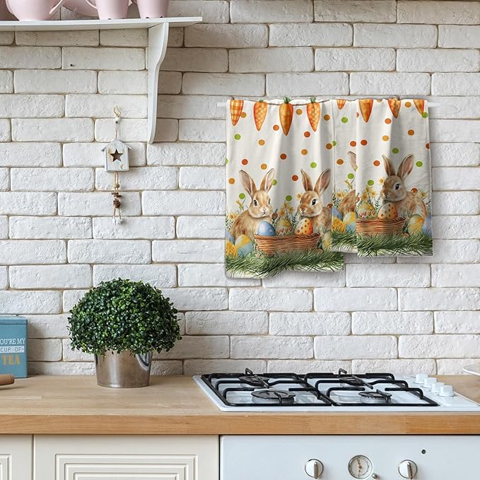 Giwawa Easter Bunny Hand Towels Eggs Carrot Dish Washing Cloth Set of 2 Soft Absorbent Fingertip Face Tea Towel for Kitchen Bathroom Holiday Decor